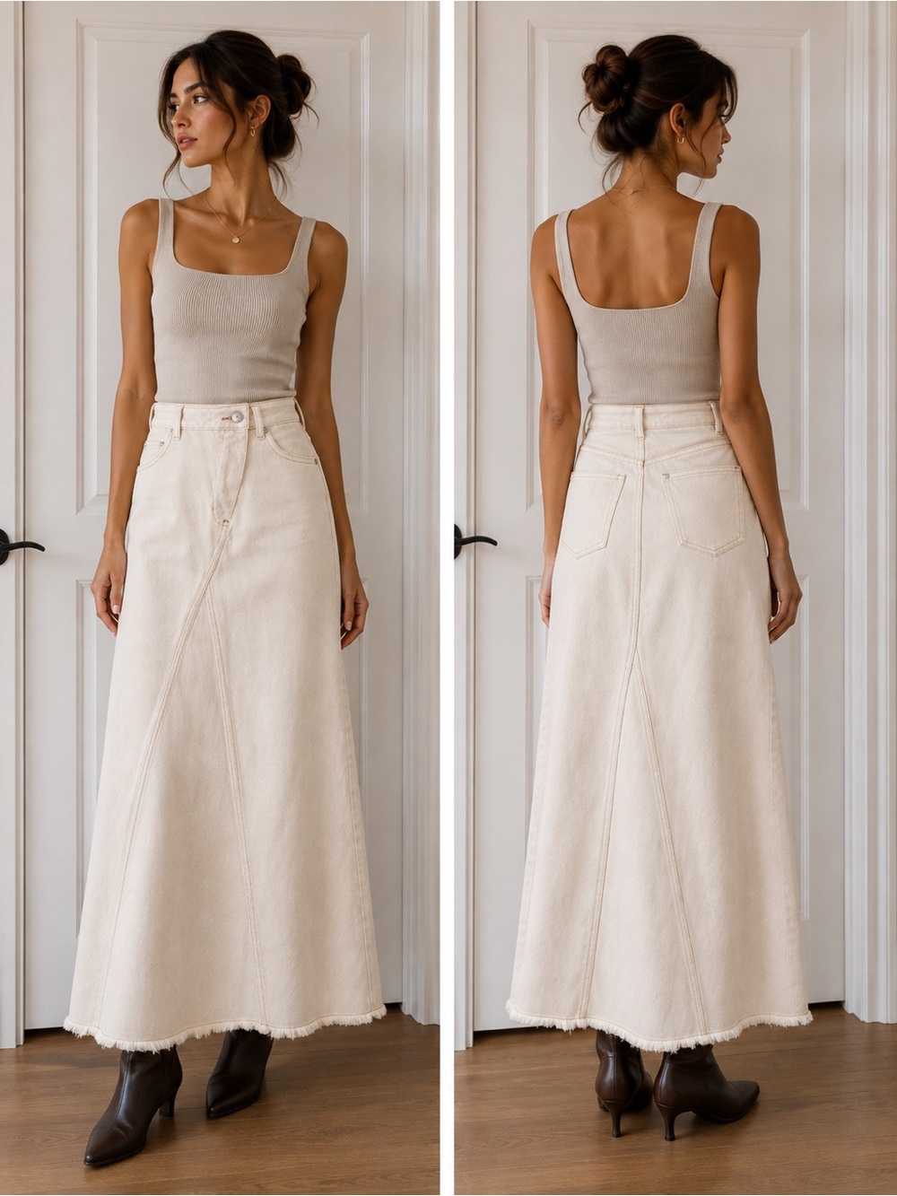 Cream Maxi Denim Skirt — High-Waist A-Line